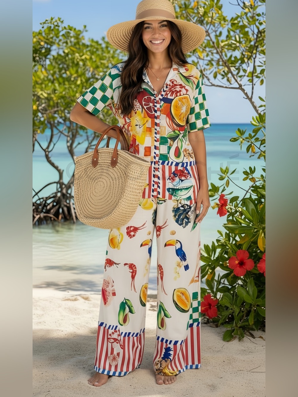 Tropical Print Wide-Leg Pants Matching Set
